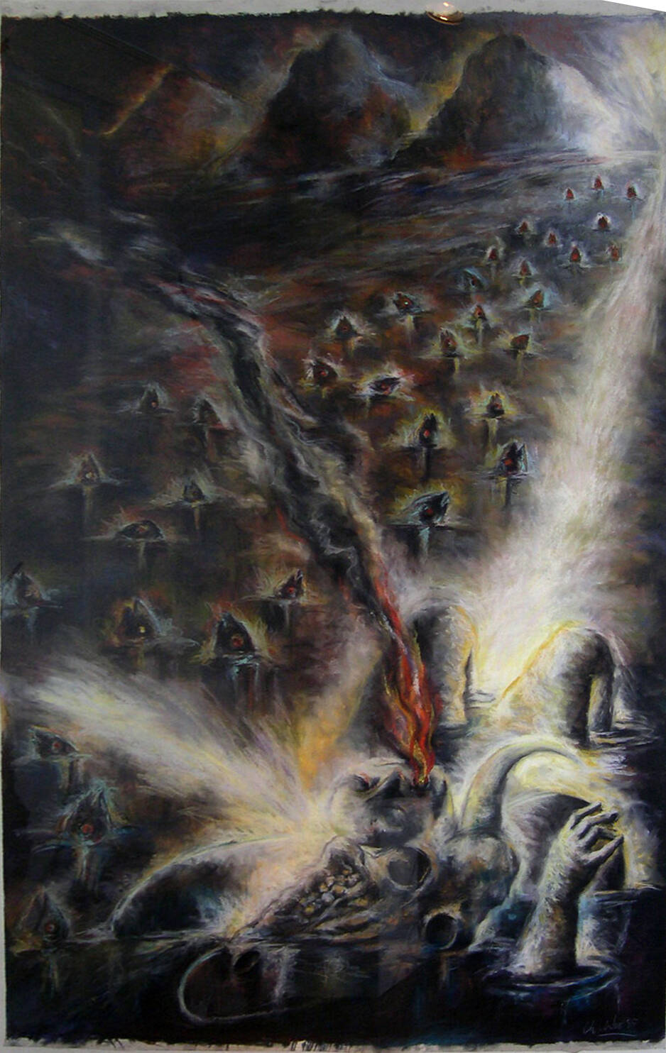 Dark pastel image of bodies melting into water with other dark abstract shapes behind them.